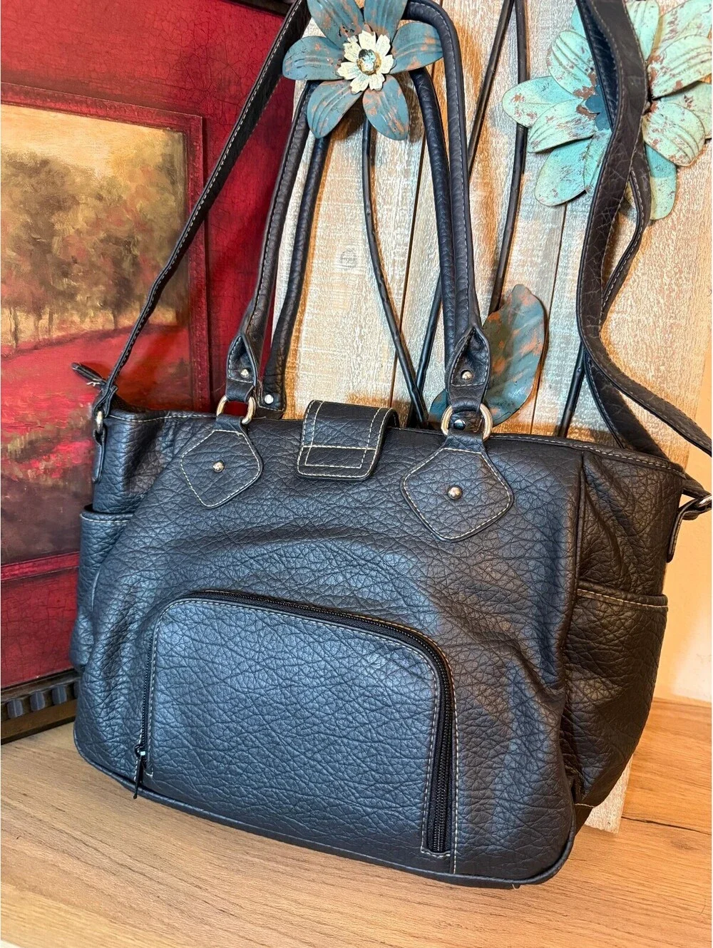 Rosetti Black Faux Leather Shoulder Satchel/Top Handle Purse